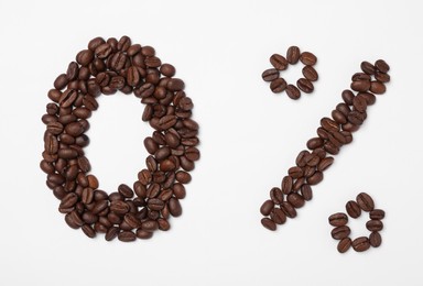 Photo of 0 percent made of coffee beans on white background, top view. Decaffeinated drink