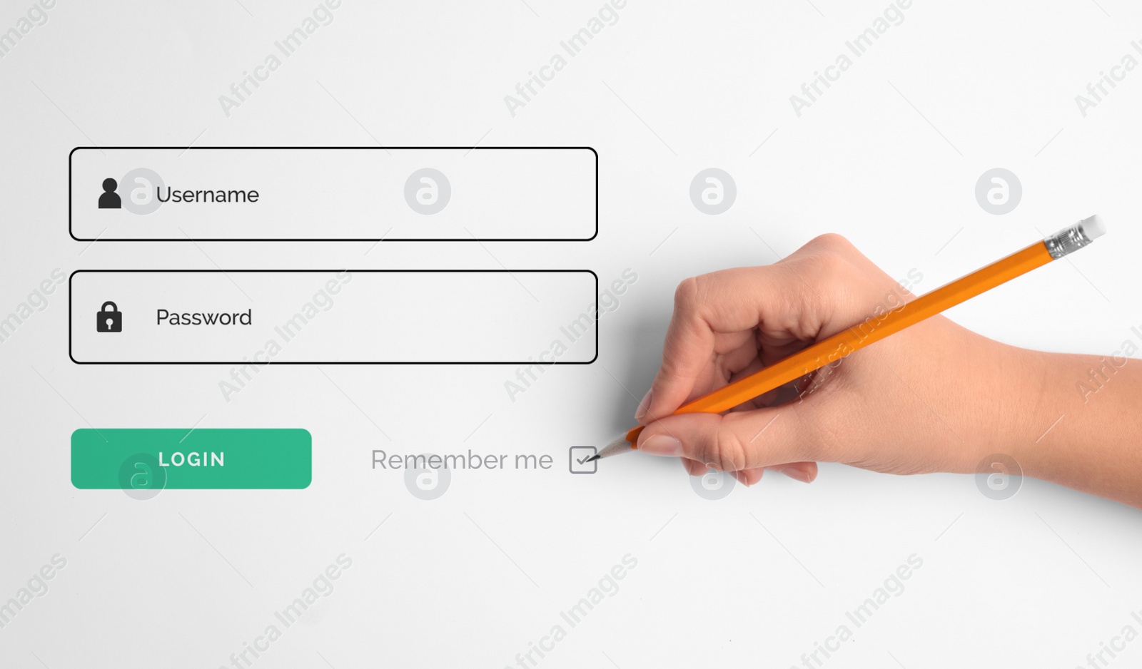 Image of Illustration of authorization interface and woman holding pencil on white background, closeup