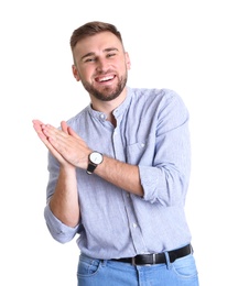 Photo of Portrait of handsome happy man on white background