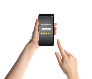 Image of Woman using smartphone to give feedback on white background, closeup. Customer review