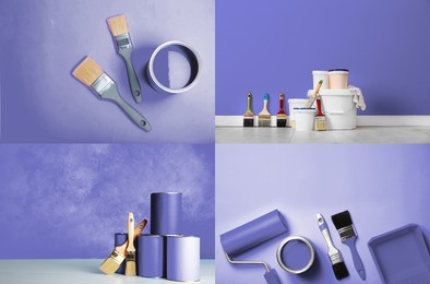 Image of Collage with different photos of violet paints and decorator's tools