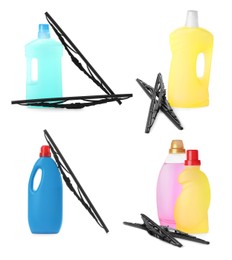 Set with car windshield wipers and washer fluids on white background