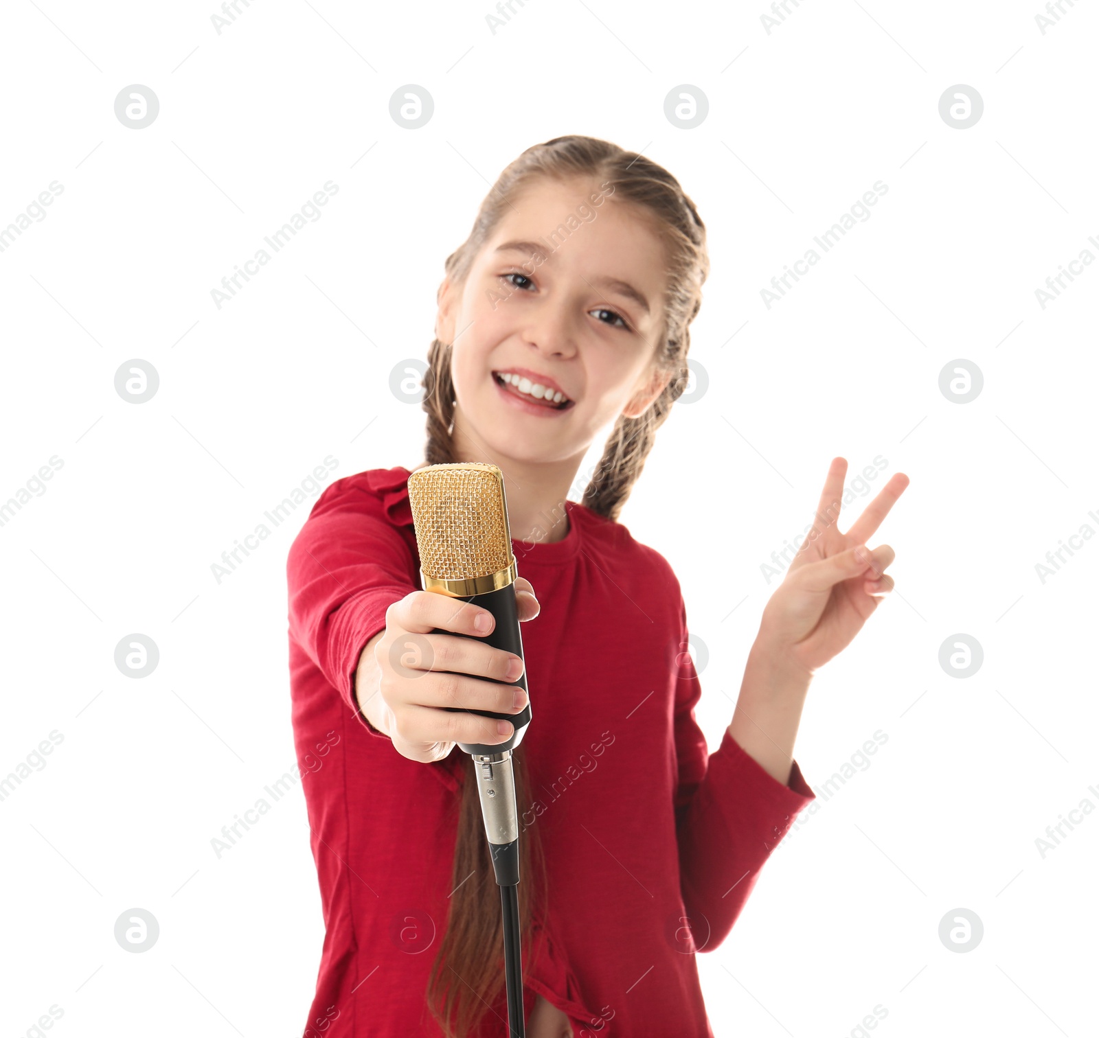 Photo of Cute girl with microphone on white background