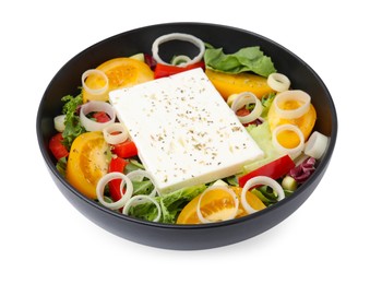 Photo of Bowl of tasty salad with leek and cheese isolated on white