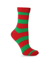 One red and green striped sock isolated on white