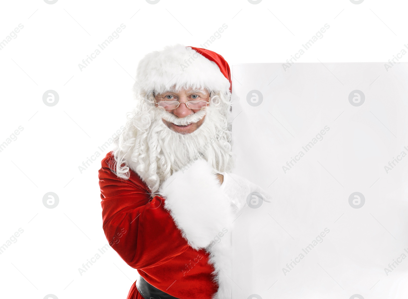 Photo of Authentic Santa Claus with blank poster on white background