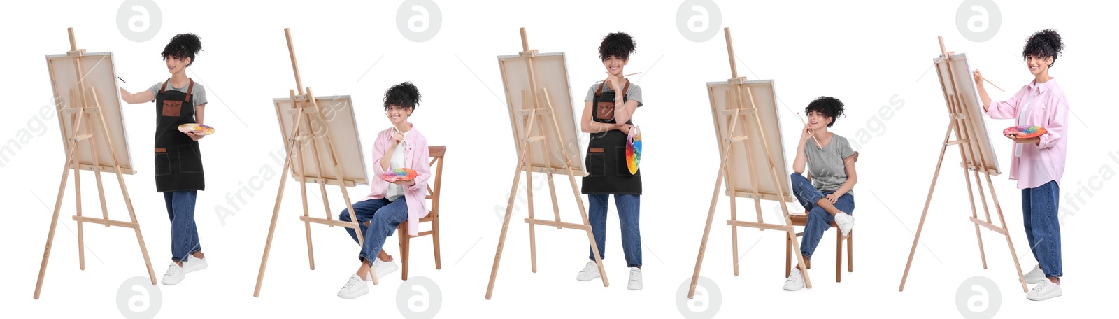 Image of Collage with photos of painter near easel on white background