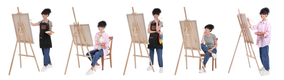 Collage with photos of painter near easel on white background