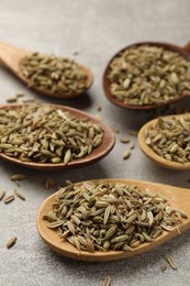 Photo of Wooden spoons with fennel seeds on grey table, closeup
