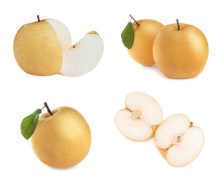 Image of Set with fresh ripe apple pears on white background 