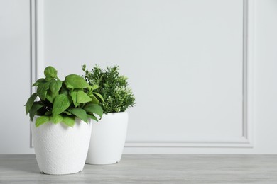 Photo of Artificial potted herbs on wooden table near white wall, space for text