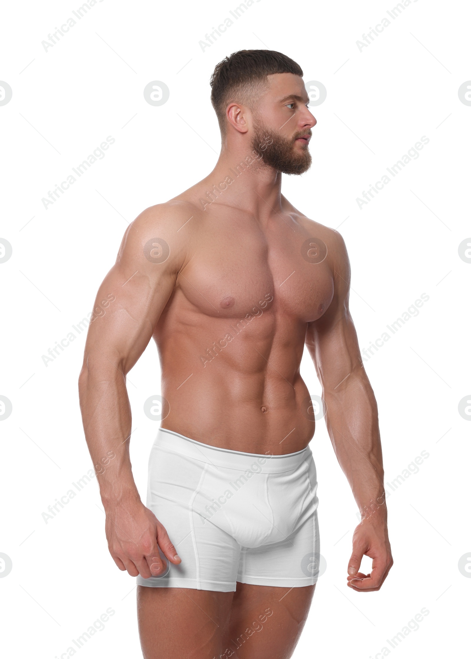 Photo of Young man is stylish underwear on white background