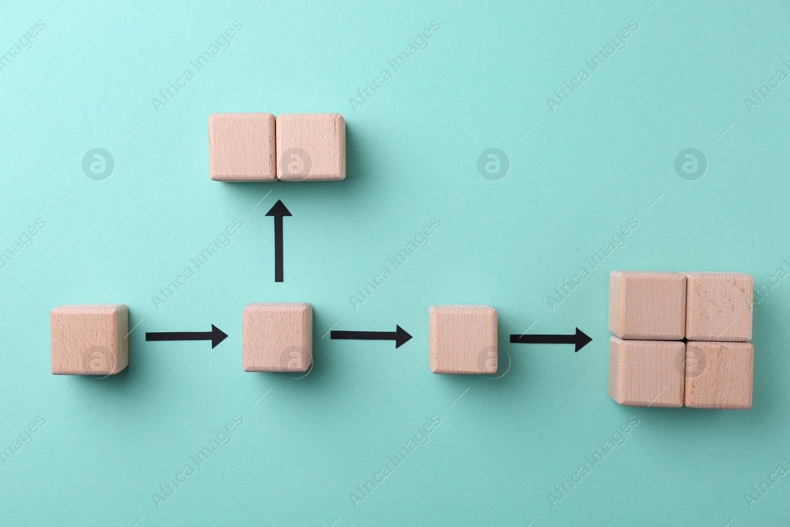 Photo of Business process organization and optimization. Scheme with wooden figures and arrows on light blue background, top view