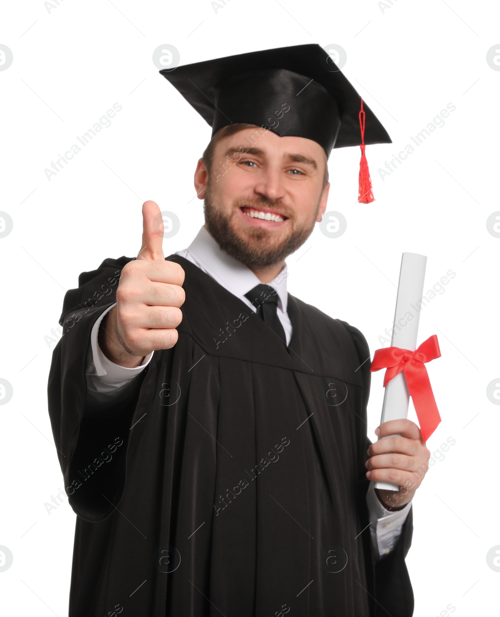 Photo of Happy student with graduation hat and diploma against white background, focus on hand