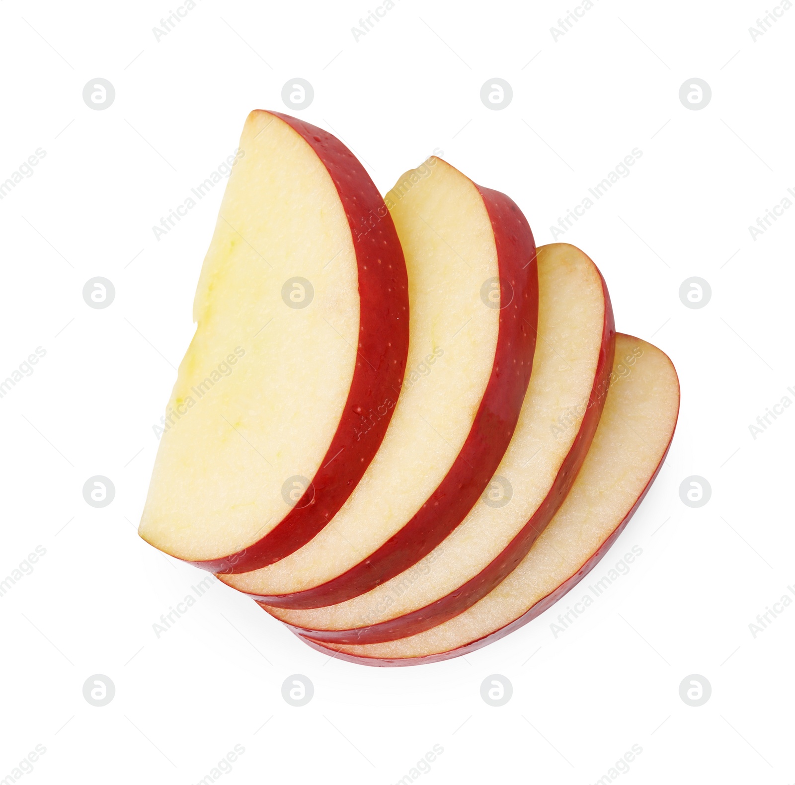 Photo of Slices of ripe red apple isolated on white, top view