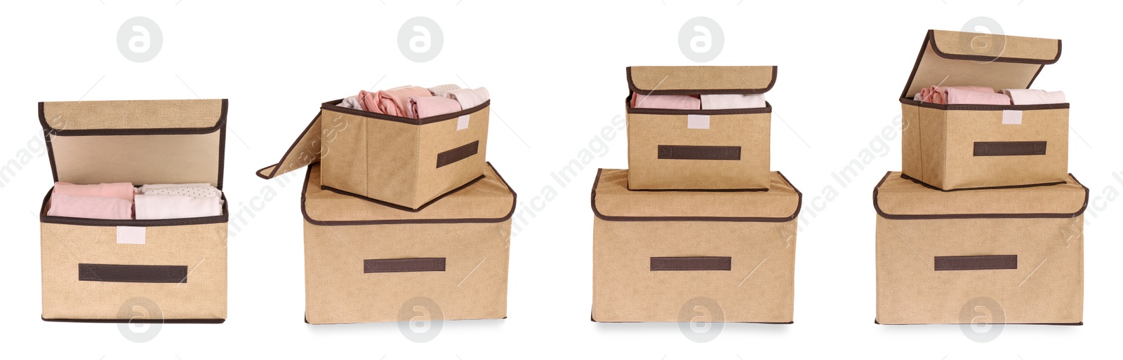 Image of Set with textile storage cases on white background. Banner design