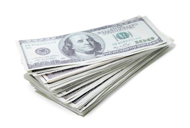 Many dollar banknotes on white background. American national currency