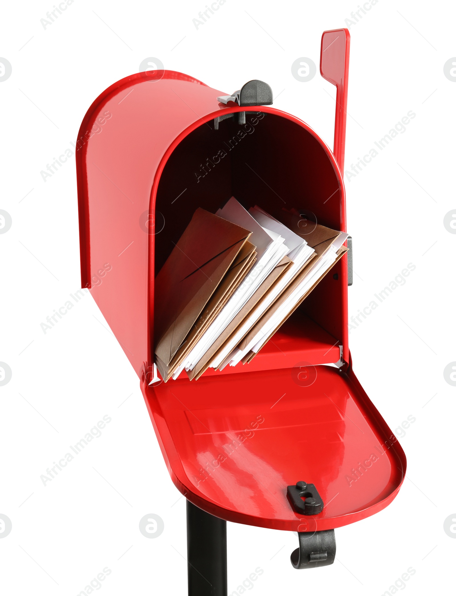 Photo of Open red letter box with correspondence on white background