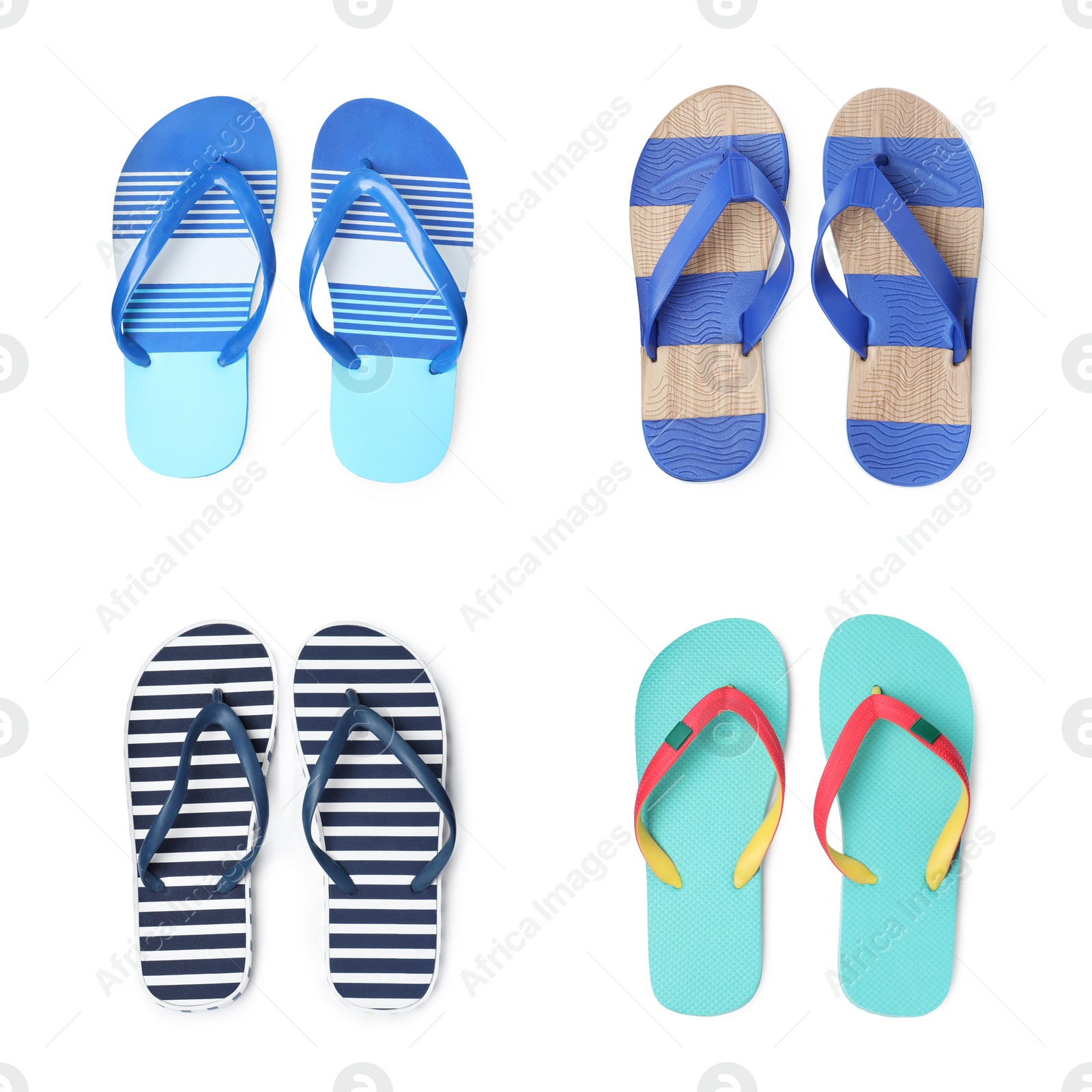 Image of Set with different flip flops on white background, top view 