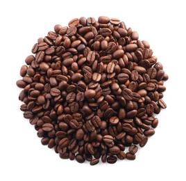 Pile of roasted coffee beans isolated on white, top view