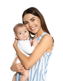 Photo of Portrait of happy mother with her baby isolated on white