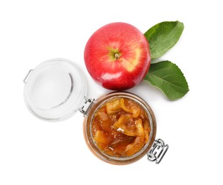 Tasty apple jam in glass jar and fresh fruit on white background, top view