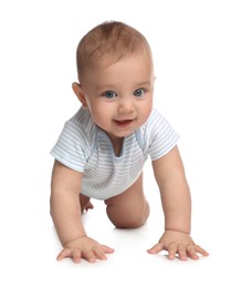 Cute little baby boy crawling on white background