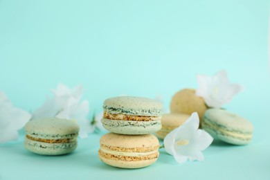Photo of Delicious macarons and white bellflowers on light blue background, space for text