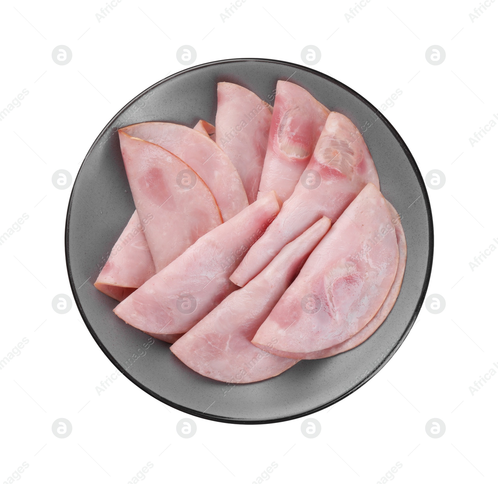 Photo of Slices of tasty ham isolated on white, top view