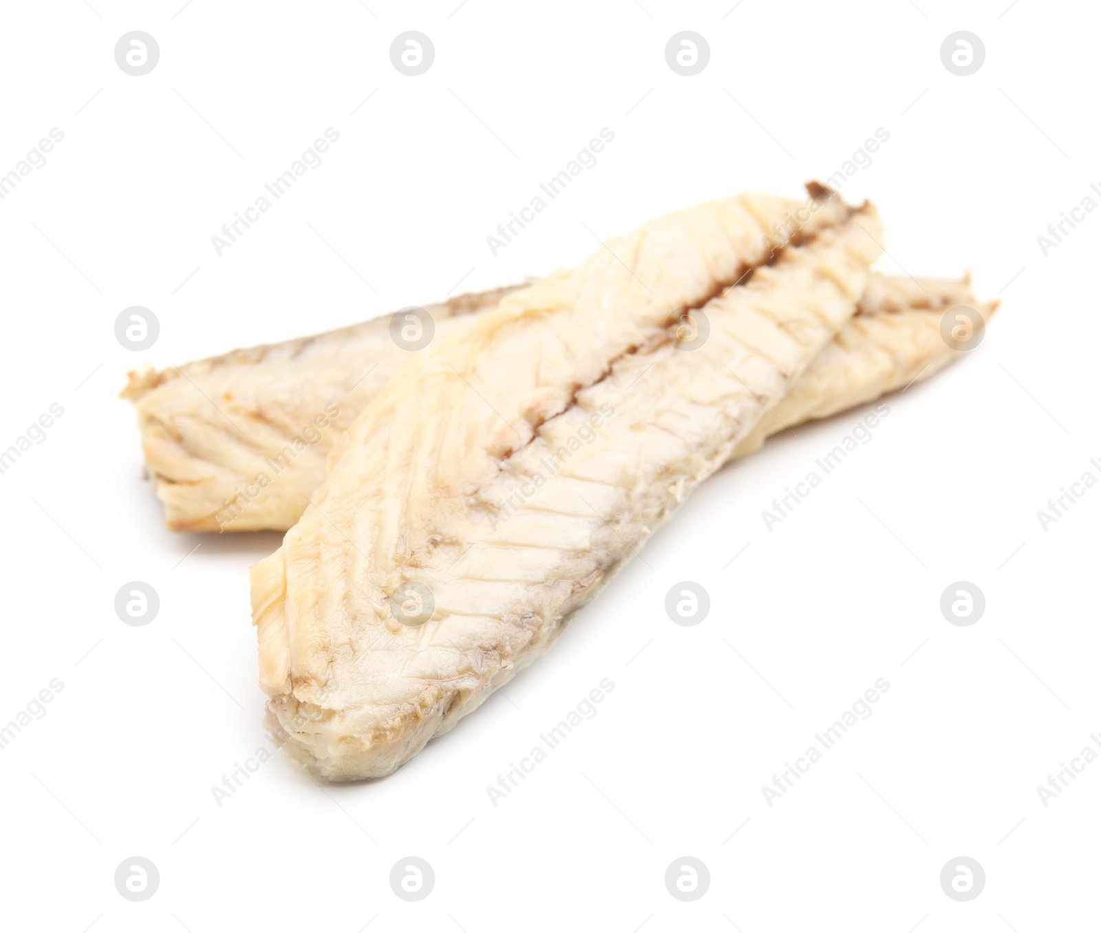 Photo of Delicious canned mackerel fillets on white background