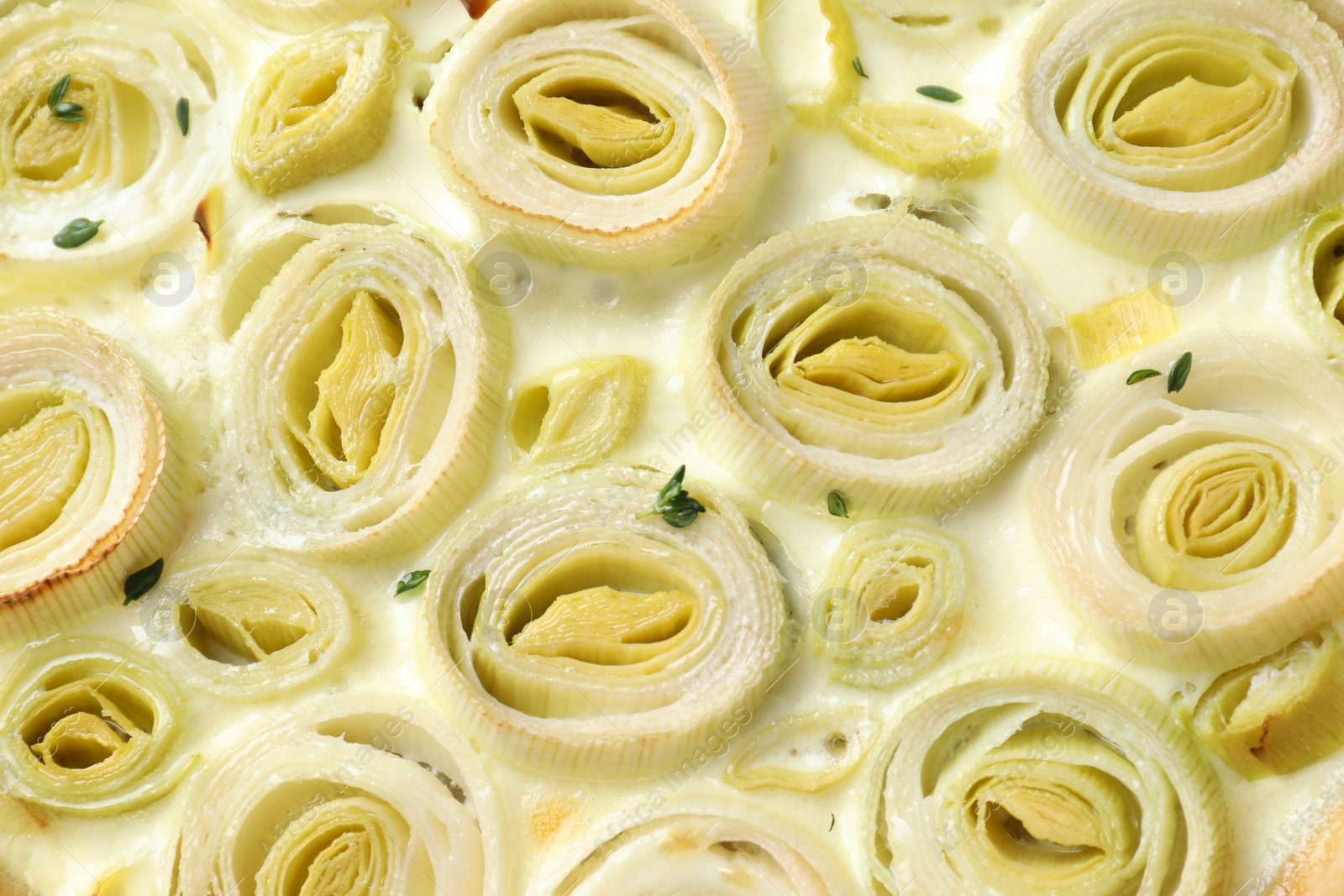 Photo of Tasty leek pie as background, above view