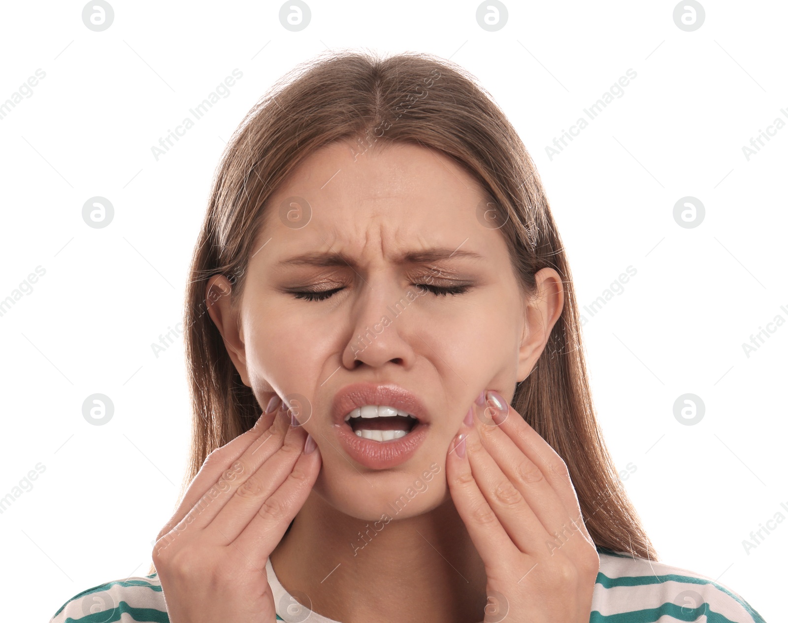 Photo of Young woman suffering from toothache on white background