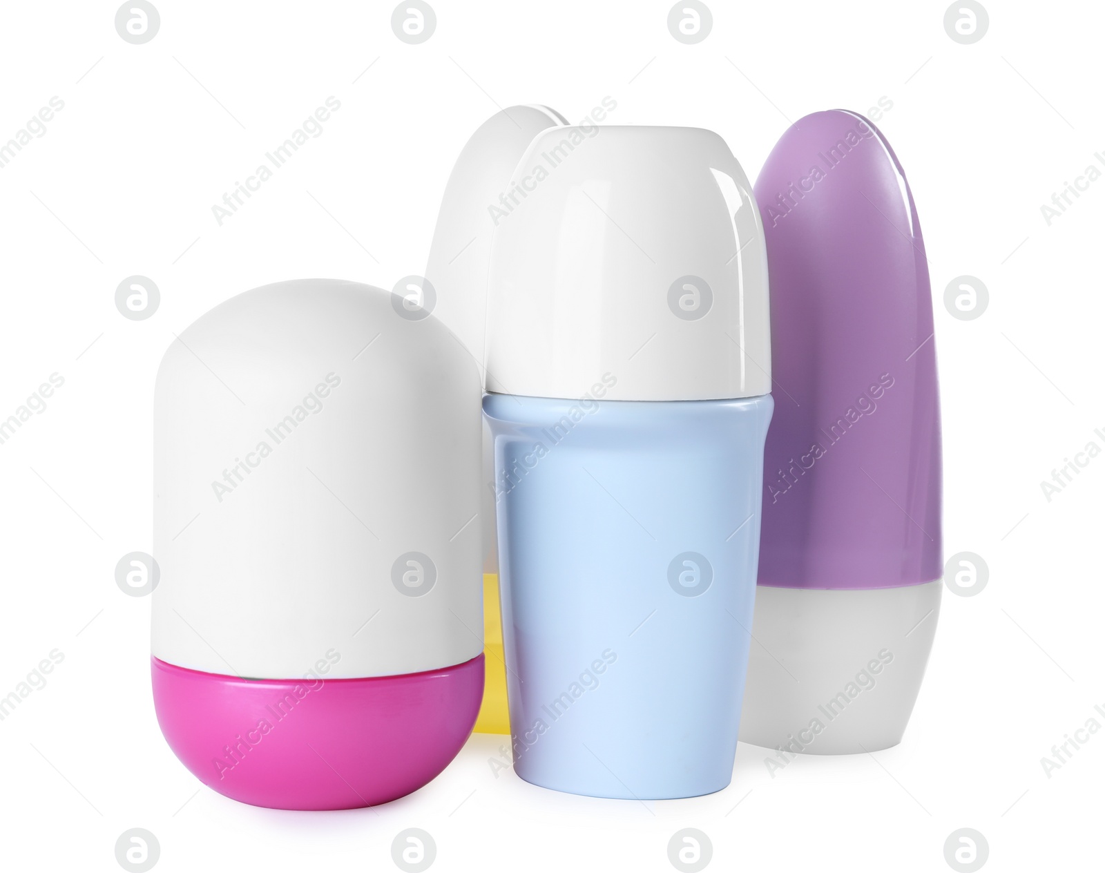 Photo of Different female roll-on deodorants on white background. Skin care