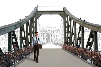 Image of From idea to action. Happy business man crossing bridge leaving behind drawn town. Combination of photo and sketch