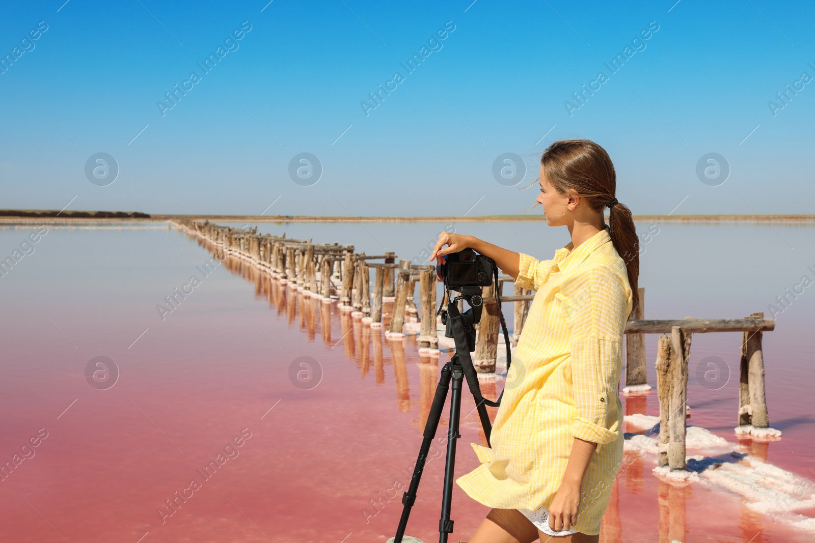 Photo of Professional photographer taking photo of pink lake on sunny day