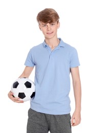 Photo of Teenage boy with soccer ball on white background