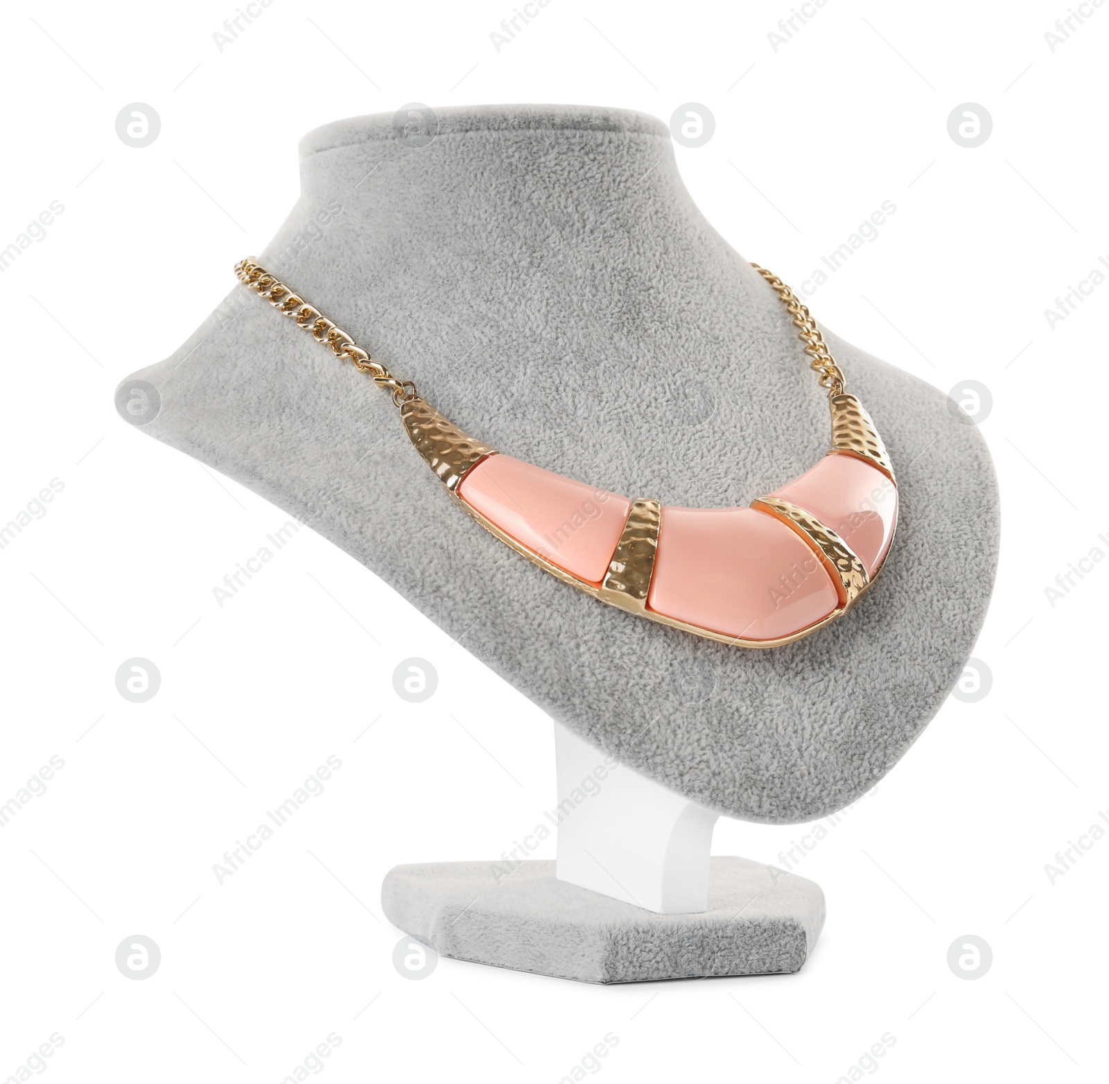 Photo of Stylish necklace with gemstones on jewelry bust against white background