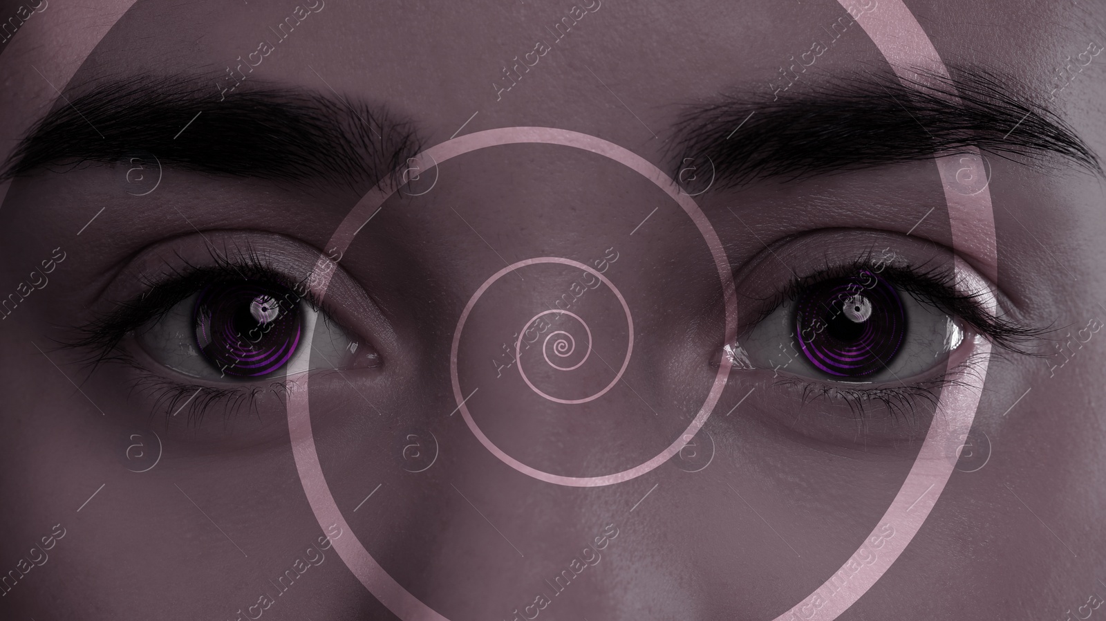 Image of Hypnosis and therapy. Swirl over young woman's face, closeup. Collage design