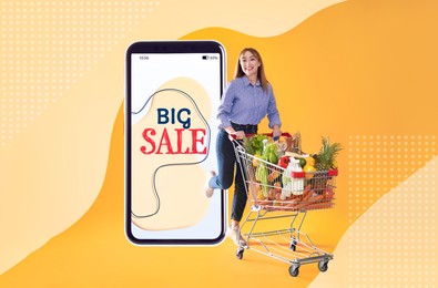Image of Sale flyer design. Happy woman with shopping cart full of groceries and huge smartphone on color background