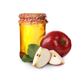 Image of Honey in glass jar and apples isolated on white