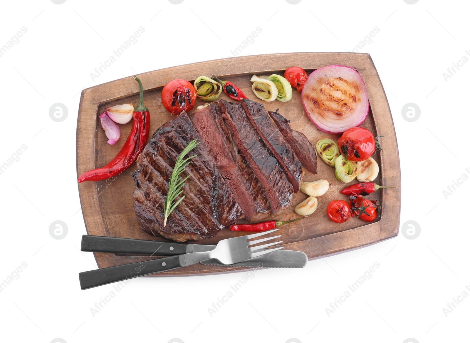 Photo of Delicious fried beef meat with vegetables isolated on white, top view