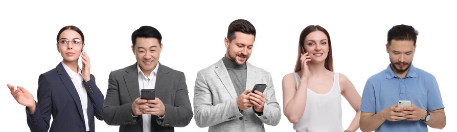 Collage with photo of people using mobile phones on white background