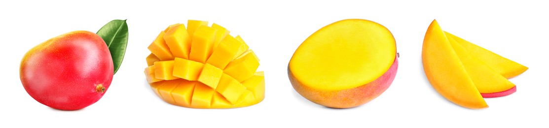 Image of Mango fruits cut in different ways and one whole isolated on white