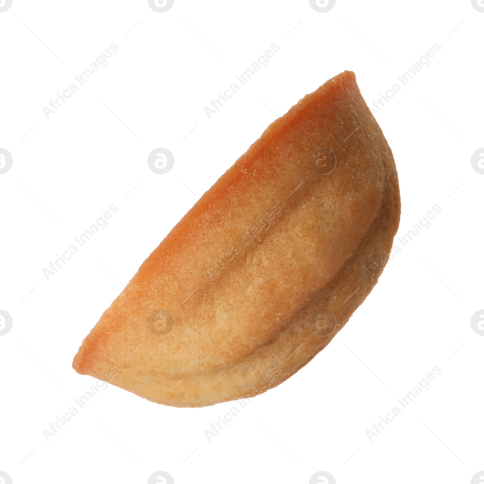 Photo of Half of delicious nut shaped cookie isolated on white