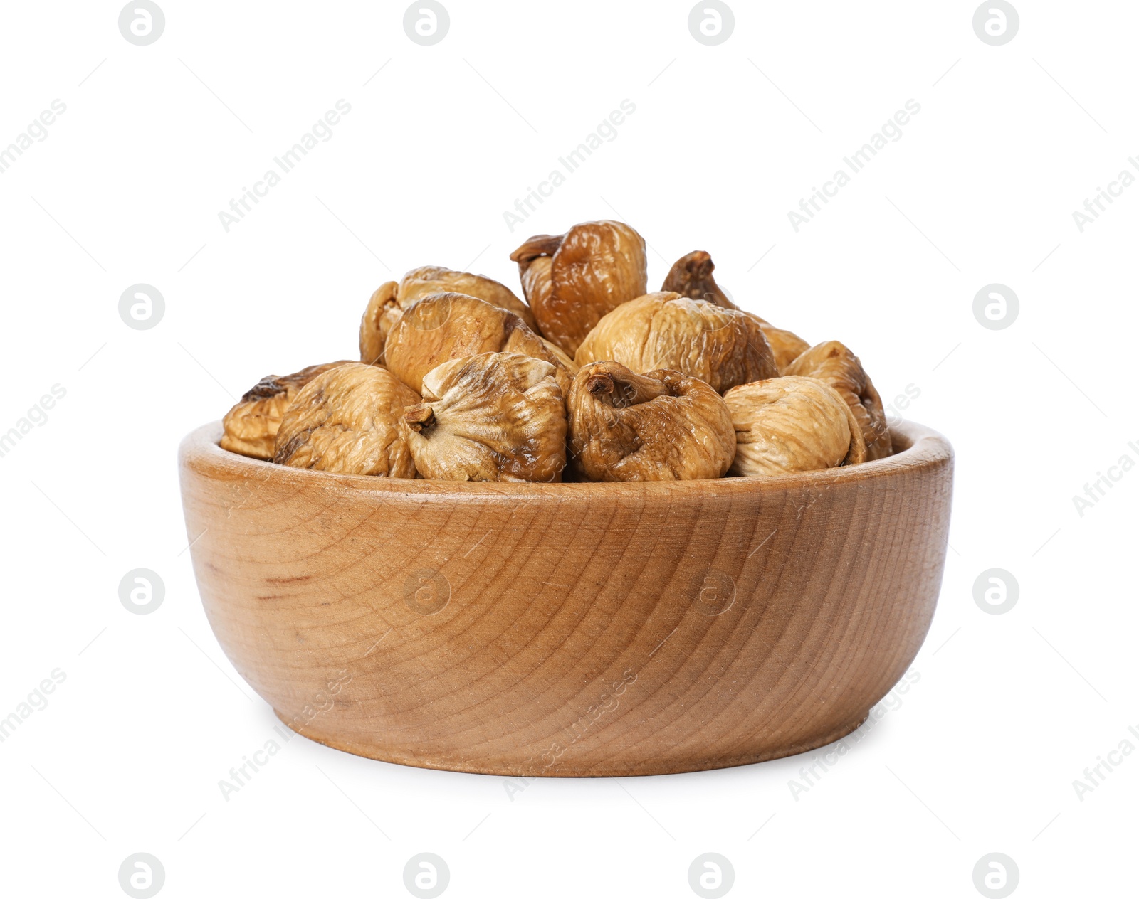 Photo of Bowl with dried figs on white background. Organic snack