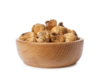Photo of Bowl with dried figs on white background. Organic snack