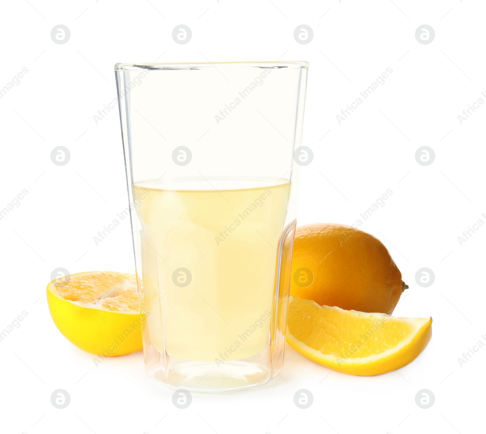 Photo of Freshly squeezed lemon juice on white background