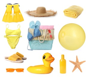 Set with stylish beach bag and other accessories on white background