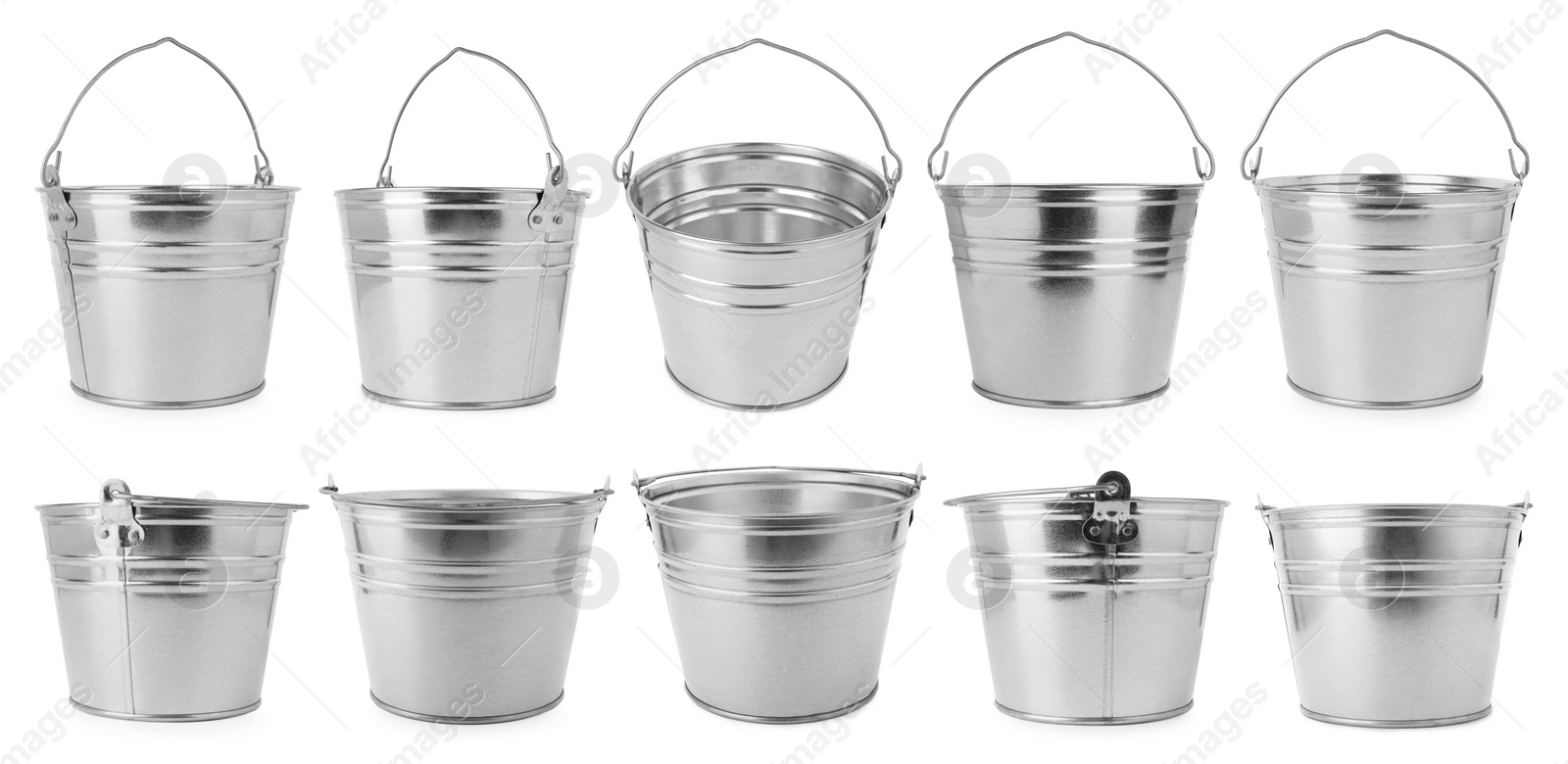 Image of Shiny metal buckets isolated on white, set