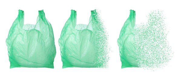 Green disposable bag vanishing on white background, set. Plastic decomposition